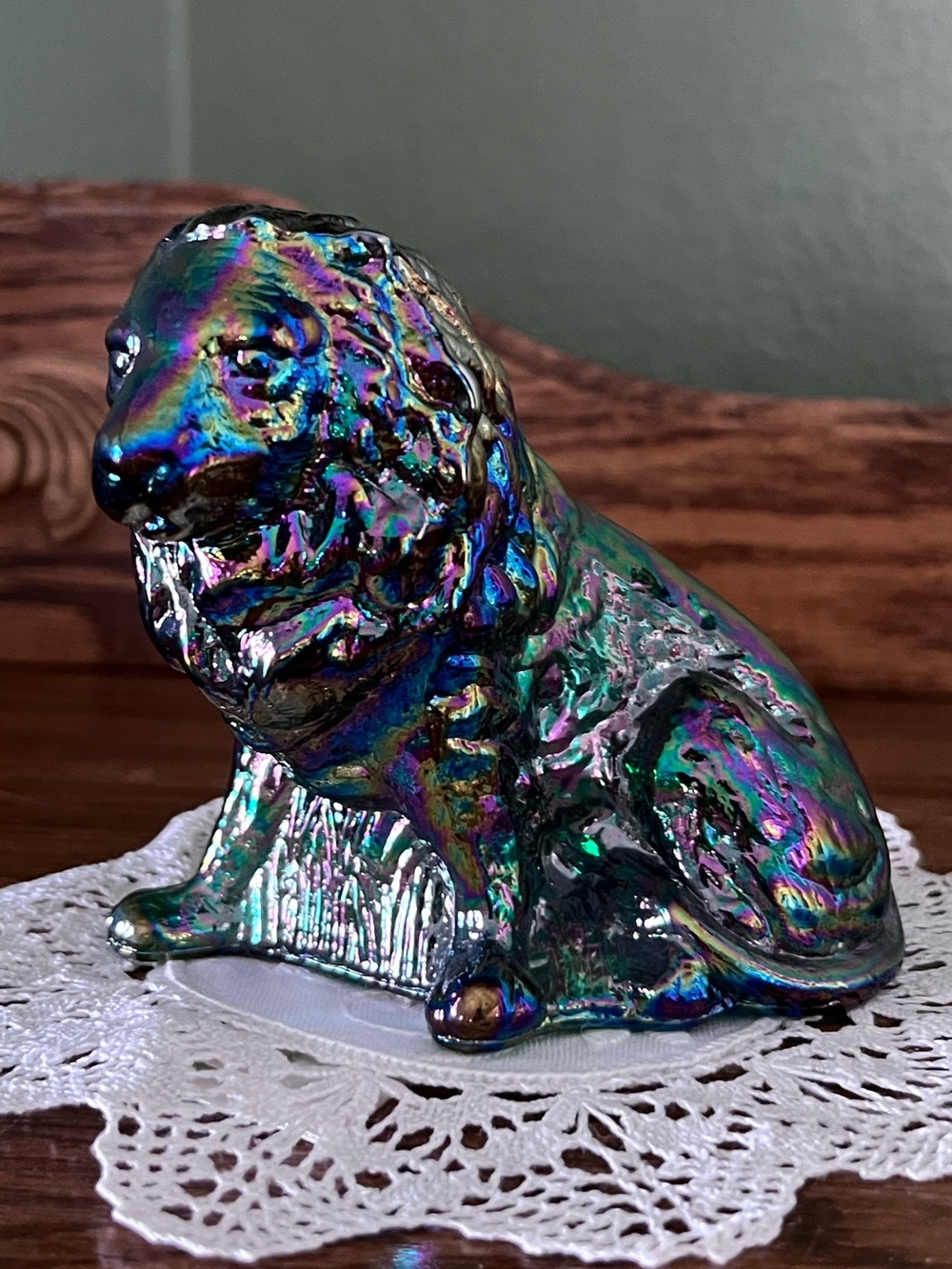 Vintage Mosser Glass Emerald Green Carnival Iridized Lion Figurine Paperweight - Picture 3 of 14